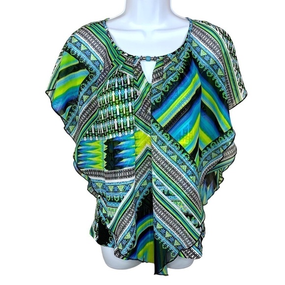 Studio Works Blue Green Boho Peasant Bohemian Blouse Flowy Size Small - Picture 1 of 9